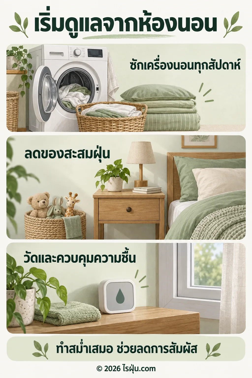 อินโฟกราฟิก เริ่มดูแลจากห้องนอน — ซักเครื่องนอนทุกสัปดาห์ ลดของสะสมฝุ่น และวัดความชื้นเพื่อปรับการดูแล ทำอย่างสม่ำเสมอเพื่อช่วยลดการสัมผัสสารก่อภูมิแพ้