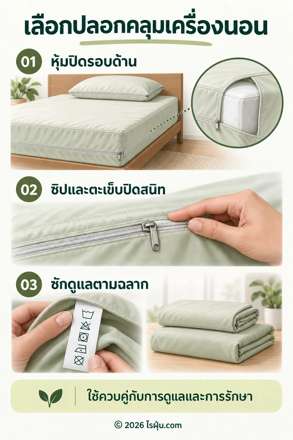 อินโฟกราฟิก เลือกปลอกคลุมเครื่องนอน — เลือกปลอกที่หุ้มปิดรอบด้าน ตรวจซิปและตะเข็บให้ปิดสนิท และซักดูแลตามฉลาก ใช้ควบคู่กับการดูแลบ้านและการรักษาที่ได้รับ